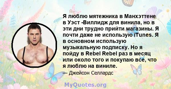 Я люблю мятежника в Манхэттене в Уэст -Виллидж для винила, но в эти дни трудно прийти магазины. Я почти даже не использую iTunes. Я в основном использую музыкальную подписку. Но я пойду в Rebel Rebel раз в месяц или