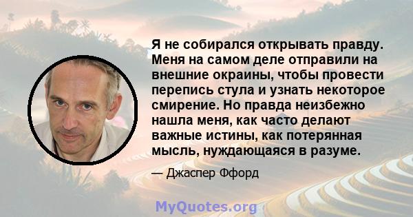 Я не собирался открывать правду. Меня на самом деле отправили на внешние окраины, чтобы провести перепись стула и узнать некоторое смирение. Но правда неизбежно нашла меня, как часто делают важные истины, как потерянная 