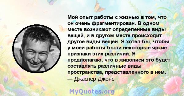 Мой опыт работы с жизнью в том, что он очень фрагментирован. В одном месте возникают определенные виды вещей, и в другом месте происходит другое виды вещей. Я хотел бы, чтобы у моей работы были некоторые яркие признаки