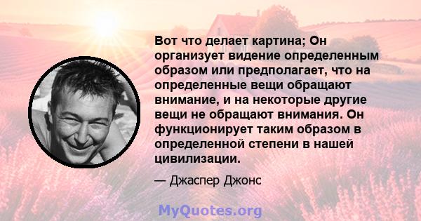 Вот что делает картина; Он организует видение определенным образом или предполагает, что на определенные вещи обращают внимание, и на некоторые другие вещи не обращают внимания. Он функционирует таким образом в