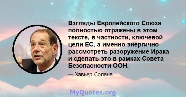 Взгляды Европейского Союза полностью отражены в этом тексте, в частности, ключевой цели ЕС, а именно энергично рассмотреть разоружение Ирака и сделать это в рамках Совета Безопасности ООН.