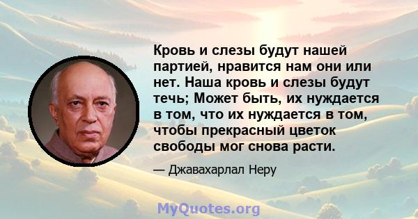 Кровь и слезы будут нашей партией, нравится нам они или нет. Наша кровь и слезы будут течь; Может быть, их нуждается в том, что их нуждается в том, чтобы прекрасный цветок свободы мог снова расти.