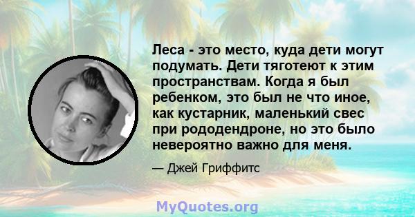 Леса - это место, куда дети могут подумать. Дети тяготеют к этим пространствам. Когда я был ребенком, это был не что иное, как кустарник, маленький свес при рододендроне, но это было невероятно важно для меня.