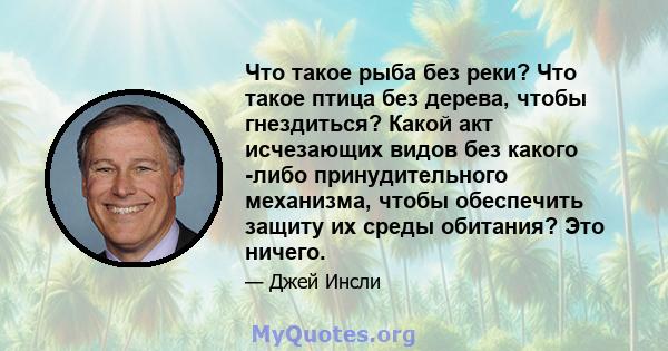 Что такое рыба без реки? Что такое птица без дерева, чтобы гнездиться? Какой акт исчезающих видов без какого -либо принудительного механизма, чтобы обеспечить защиту их среды обитания? Это ничего.