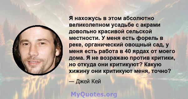 Я нахожусь в этом абсолютно великолепном усадьбе с акрами довольно красивой сельской местности. У меня есть форель в реке, органический овощный сад, у меня есть работа в 40 ярдах от моего дома. Я не возражаю против