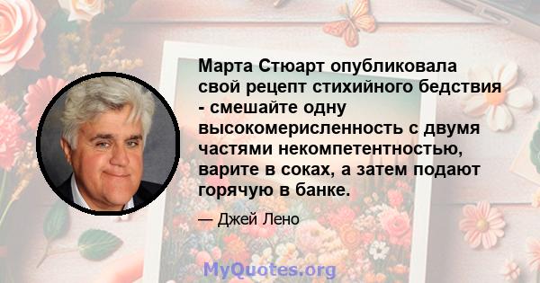 Марта Стюарт опубликовала свой рецепт стихийного бедствия - смешайте одну высокомерисленность с двумя частями некомпетентностью, варите в соках, а затем подают горячую в банке.