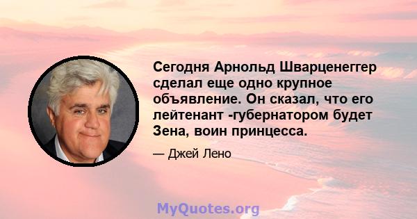 Сегодня Арнольд Шварценеггер сделал еще одно крупное объявление. Он сказал, что его лейтенант -губернатором будет Зена, воин принцесса.