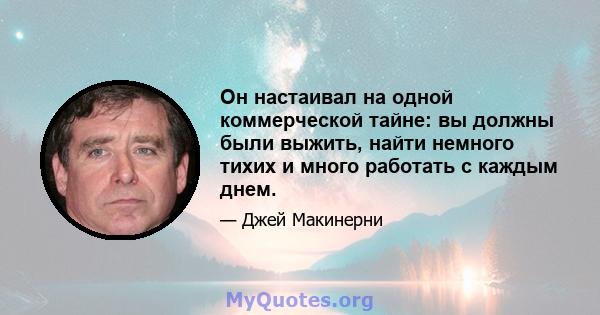 Он настаивал на одной коммерческой тайне: вы должны были выжить, найти немного тихих и много работать с каждым днем.