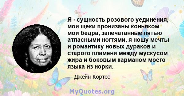 Я - сущность розового уединения, мои щеки пронизаны коньяком мои бедра, запечатанные пятью атласными ногтями, я ношу мечты и романтику новых дураков и старого пламени между мускусом жира и боковым карманом моего языка