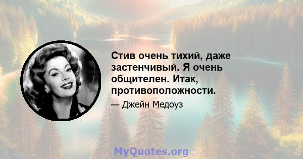 Стив очень тихий, даже застенчивый. Я очень общителен. Итак, противоположности.