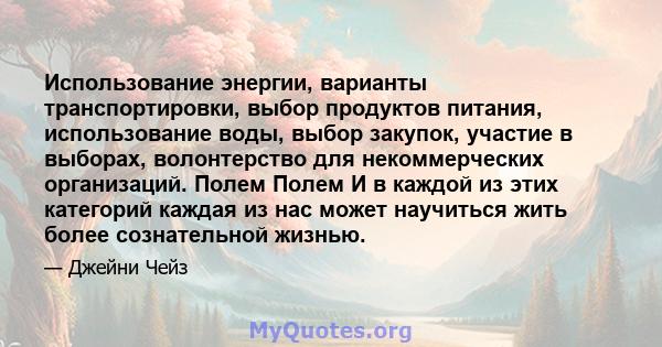 Использование энергии, варианты транспортировки, выбор продуктов питания, использование воды, выбор закупок, участие в выборах, волонтерство для некоммерческих организаций. Полем Полем И в каждой из этих категорий