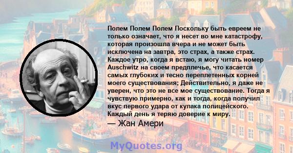 Полем Полем Полем Поскольку быть евреем не только означает, что я несет во мне катастрофу, которая произошла вчера и не может быть исключена на завтра, это страх, а также страх. Каждое утро, когда я встаю, я могу читать 