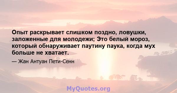 Опыт раскрывает слишком поздно, ловушки, заложенные для молодежи; Это белый мороз, который обнаруживает паутину паука, когда мух больше не хватает.