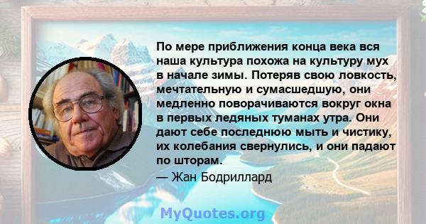 По мере приближения конца века вся наша культура похожа на культуру мух в начале зимы. Потеряв свою ловкость, мечтательную и сумасшедшую, они медленно поворачиваются вокруг окна в первых ледяных туманах утра. Они дают