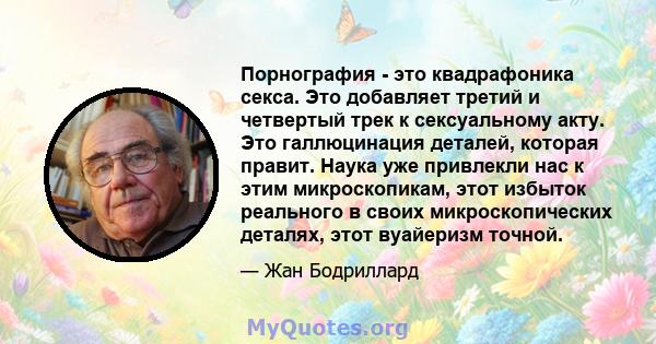 Порнография - это квадрафоника секса. Это добавляет третий и четвертый трек к сексуальному акту. Это галлюцинация деталей, которая правит. Наука уже привлекли нас к этим микроскопикам, этот избыток реального в своих