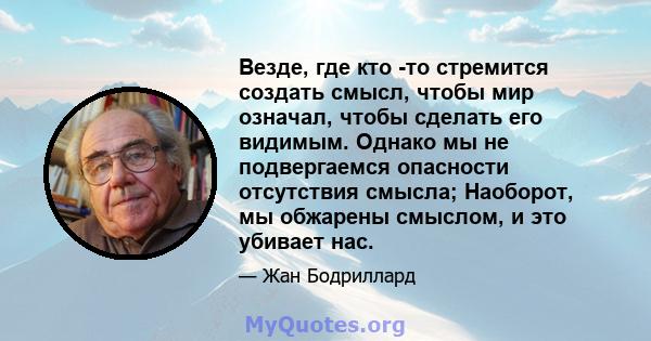 Везде, где кто -то стремится создать смысл, чтобы мир означал, чтобы сделать его видимым. Однако мы не подвергаемся опасности отсутствия смысла; Наоборот, мы обжарены смыслом, и это убивает нас.