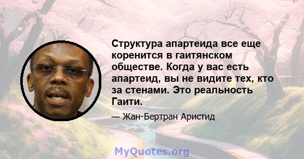 Структура апартеида все еще коренится в гаитянском обществе. Когда у вас есть апартеид, вы не видите тех, кто за стенами. Это реальность Гаити.