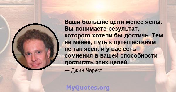 Ваши большие цели менее ясны. Вы понимаете результат, которого хотели бы достичь. Тем не менее, путь к путешествиям не так ясен, и у вас есть сомнения в вашей способности достигать этих целей.