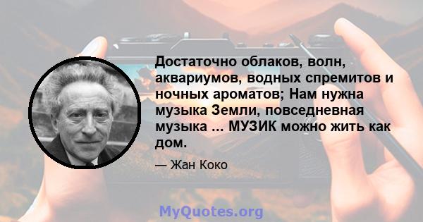 Достаточно облаков, волн, аквариумов, водных спремитов и ночных ароматов; Нам нужна музыка Земли, повседневная музыка ... МУЗИК можно жить как дом.