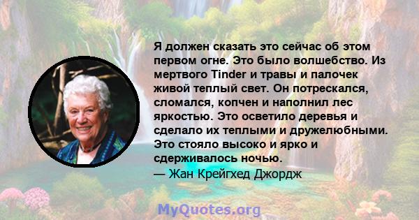 Я должен сказать это сейчас об этом первом огне. Это было волшебство. Из мертвого Tinder и травы и палочек живой теплый свет. Он потрескался, сломался, копчен и наполнил лес яркостью. Это осветило деревья и сделало их