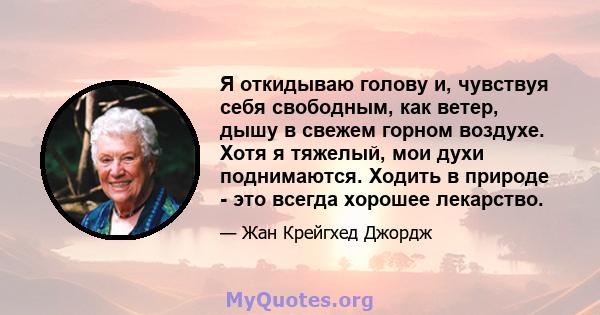 Я откидываю голову и, чувствуя себя свободным, как ветер, дышу в свежем горном воздухе. Хотя я тяжелый, мои духи поднимаются. Ходить в природе - это всегда хорошее лекарство.