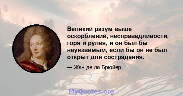 Великий разум выше оскорблений, несправедливости, горя и рулея, и он был бы неуязвимым, если бы он не был открыт для сострадания.