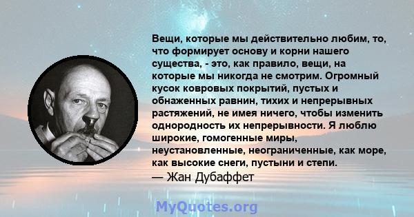 Вещи, которые мы действительно любим, то, что формирует основу и корни нашего существа, - это, как правило, вещи, на которые мы никогда не смотрим. Огромный кусок ковровых покрытий, пустых и обнаженных равнин, тихих и