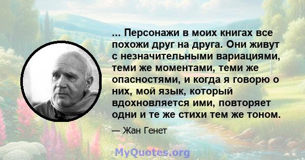 ... Персонажи в моих книгах все похожи друг на друга. Они живут с незначительными вариациями, теми же моментами, теми же опасностями, и когда я говорю о них, мой язык, который вдохновляется ими, повторяет одни и те же