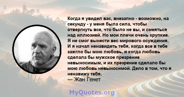 Когда я увидел вас, внезапно - возможно, на секунду - у меня была сила, чтобы отвергнуть все, что было не вы, и смеяться над иллюзией. Но мои плечи очень хрупкие. Я не смог вынести вес мирового осуждения. И я начал