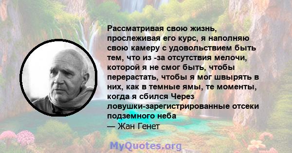 Рассматривая свою жизнь, прослеживая его курс, я наполняю свою камеру с удовольствием быть тем, что из -за отсутствия мелочи, которой я не смог быть, чтобы перерастать, чтобы я мог швырять в них, как в темные ямы, те