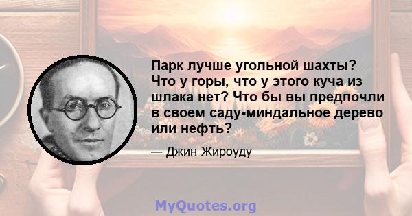 Парк лучше угольной шахты? Что у горы, что у этого куча из шлака нет? Что бы вы предпочли в своем саду-миндальное дерево или нефть?