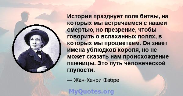 История празднует поля битвы, на которых мы встречаемся с нашей смертью, но презрение, чтобы говорить о вспаханных полях, в которых мы процветаем. Он знает имена ублюдков короля, но не может сказать нам происхождение