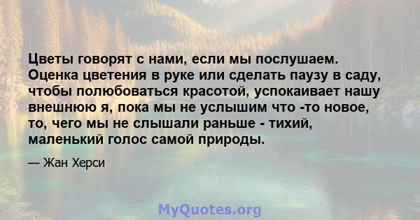 Цветы говорят с нами, если мы послушаем. Оценка цветения в руке или сделать паузу в саду, чтобы полюбоваться красотой, успокаивает нашу внешнюю я, пока мы не услышим что -то новое, то, чего мы не слышали раньше - тихий, 