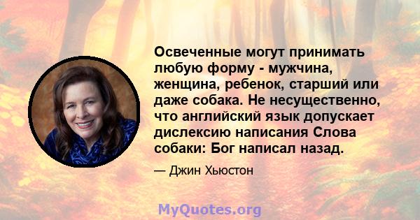 Освеченные могут принимать любую форму - мужчина, женщина, ребенок, старший или даже собака. Не несущественно, что английский язык допускает дислексию написания Слова собаки: Бог написал назад.