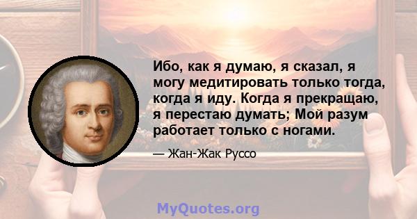 Ибо, как я думаю, я сказал, я могу медитировать только тогда, когда я иду. Когда я прекращаю, я перестаю думать; Мой разум работает только с ногами.