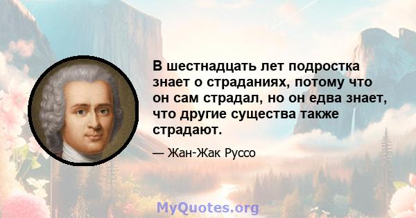 В шестнадцать лет подростка знает о страданиях, потому что он сам страдал, но он едва знает, что другие существа также страдают.