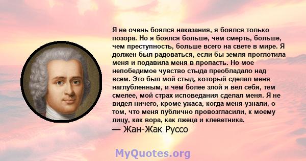 Я не очень боялся наказания, я боялся только позора. Но я боялся больше, чем смерть, больше, чем преступность, больше всего на свете в мире. Я должен был радоваться, если бы земля проглотила меня и подавила меня в