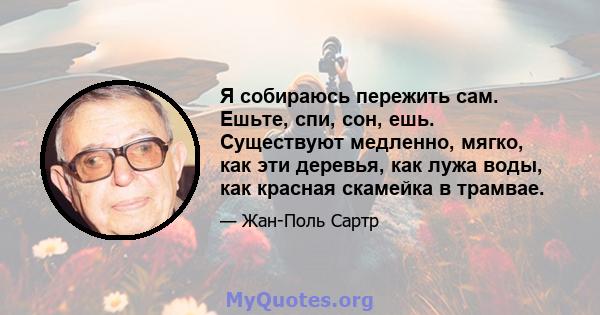 Я собираюсь пережить сам. Ешьте, спи, сон, ешь. Существуют медленно, мягко, как эти деревья, как лужа воды, как красная скамейка в трамвае.