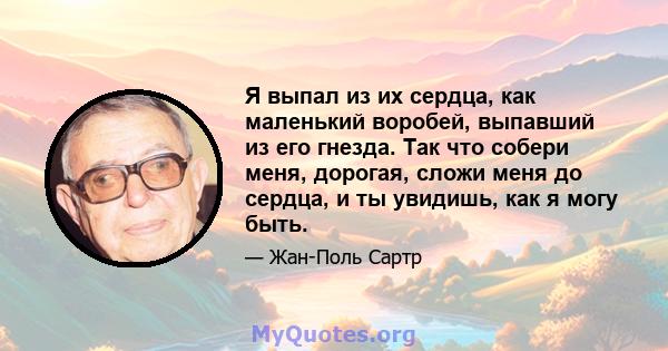 Я выпал из их сердца, как маленький воробей, выпавший из его гнезда. Так что собери меня, дорогая, сложи меня до сердца, и ты увидишь, как я могу быть.