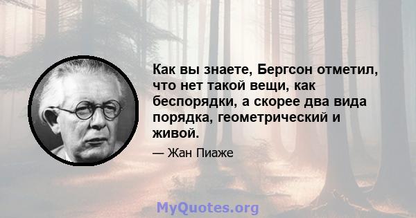 Как вы знаете, Бергсон отметил, что нет такой вещи, как беспорядки, а скорее два вида порядка, геометрический и живой.