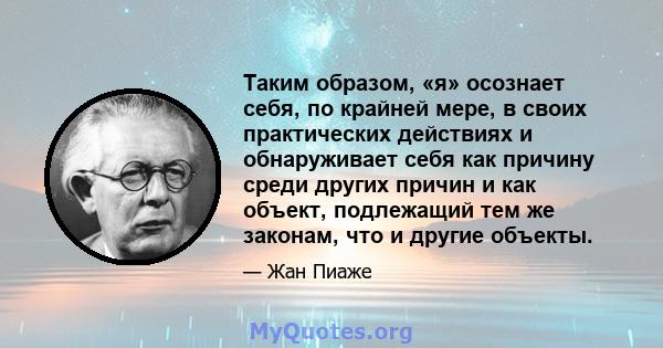 Таким образом, «я» осознает себя, по крайней мере, в своих практических действиях и обнаруживает себя как причину среди других причин и как объект, подлежащий тем же законам, что и другие объекты.