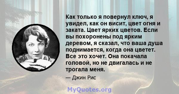 Как только я повернул ключ, я увидел, как он висит, цвет огня и заката. Цвет ярких цветов. Если вы похоронены под ярким деревом, я сказал, что ваша душа поднимается, когда она цветет. Все это хочет. Она покачала