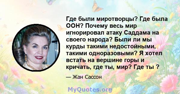 Где были миротворцы? Где была ООН? Почему весь мир игнорировал атаку Саддама на своего народа? Были ли мы курды такими недостойными, такими одноразовыми? Я хотел встать на вершине горы и кричать, где ты, мир? Где ты ?