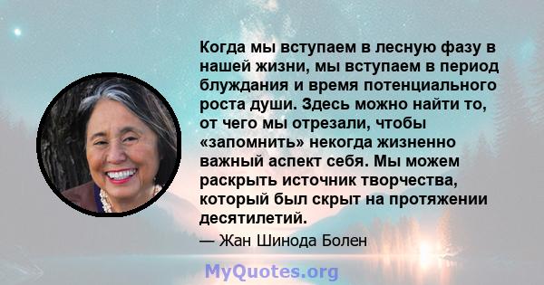 Когда мы вступаем в лесную фазу в нашей жизни, мы вступаем в период блуждания и время потенциального роста души. Здесь можно найти то, от чего мы отрезали, чтобы «запомнить» некогда жизненно важный аспект себя. Мы можем 