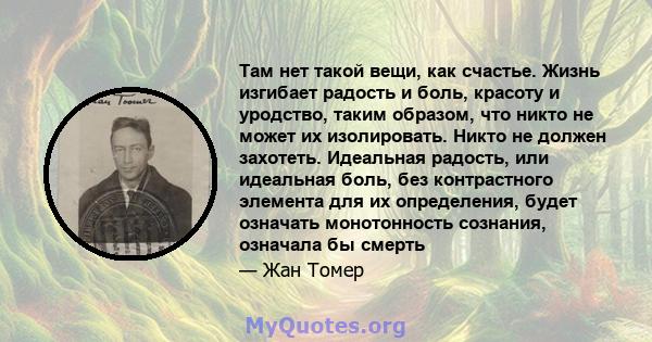 Там нет такой вещи, как счастье. Жизнь изгибает радость и боль, красоту и уродство, таким образом, что никто не может их изолировать. Никто не должен захотеть. Идеальная радость, или идеальная боль, без контрастного