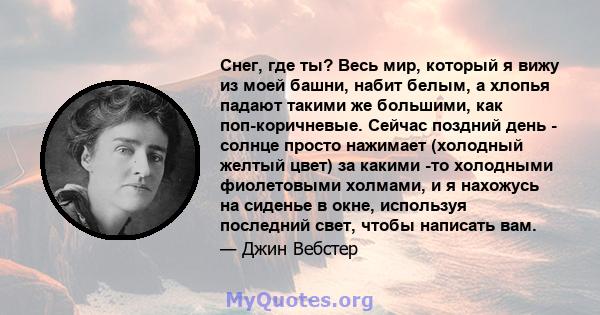 Снег, где ты? Весь мир, который я вижу из моей башни, набит белым, а хлопья падают такими же большими, как поп-коричневые. Сейчас поздний день - солнце просто нажимает (холодный желтый цвет) за какими -то холодными