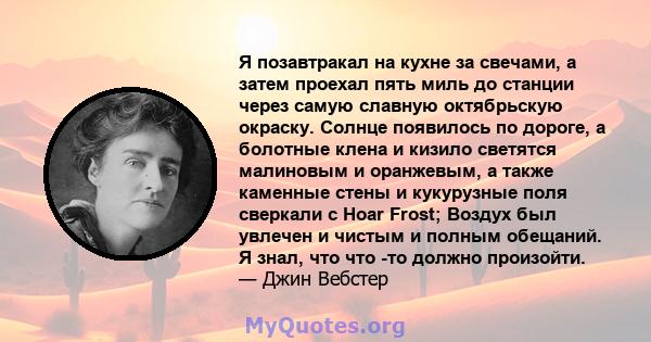 Я позавтракал на кухне за свечами, а затем проехал пять миль до станции через самую славную октябрьскую окраску. Солнце появилось по дороге, а болотные клена и кизило светятся малиновым и оранжевым, а также каменные