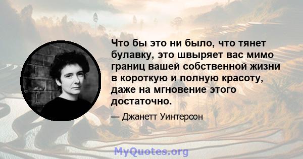 Что бы это ни было, что тянет булавку, это швыряет вас мимо границ вашей собственной жизни в короткую и полную красоту, даже на мгновение этого достаточно.