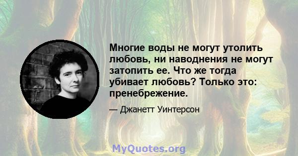 Многие воды не могут утолить любовь, ни наводнения не могут затопить ее. Что же тогда убивает любовь? Только это: пренебрежение.