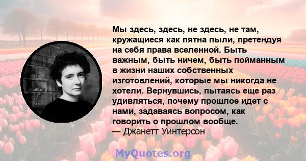 Мы здесь, здесь, не здесь, не там, кружащиеся как пятна пыли, претендуя на себя права вселенной. Быть важным, быть ничем, быть пойманным в жизни наших собственных изготовлений, которые мы никогда не хотели. Вернувшись,